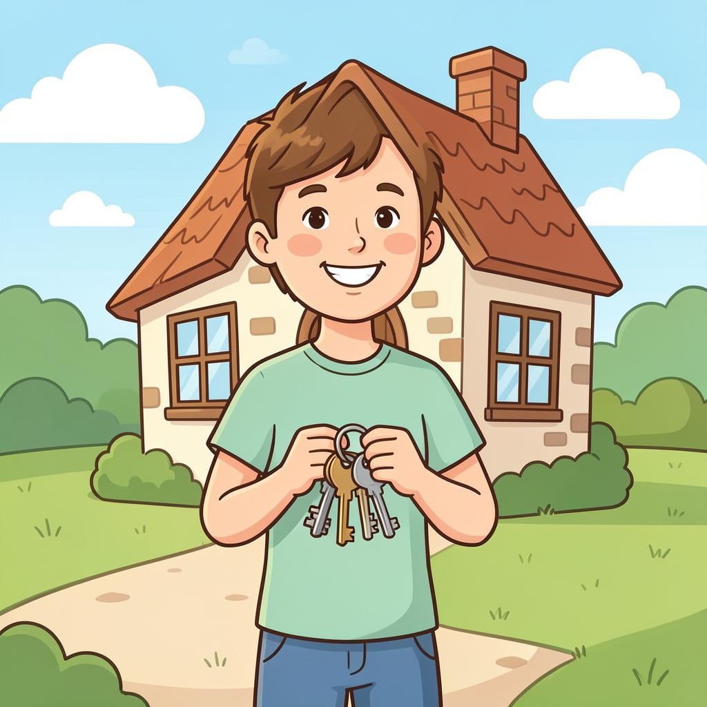 A friendly person holding a set of keys standing in front of a small house.