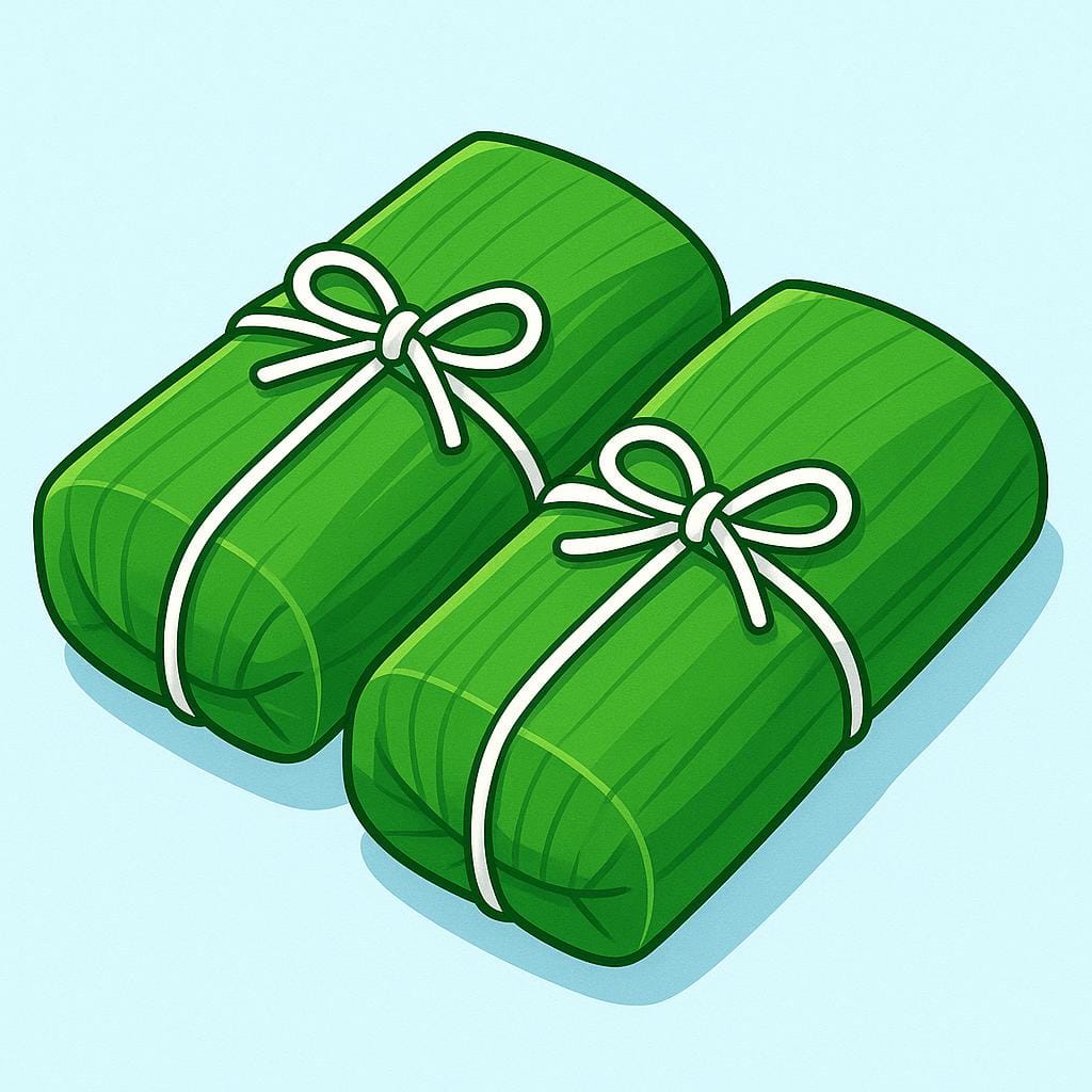 Twee hartige Caribische pasteles, langwerpig van vorm, strak verpakt in levendige groene bananenbladeren en vastgebonden met keukentouw.