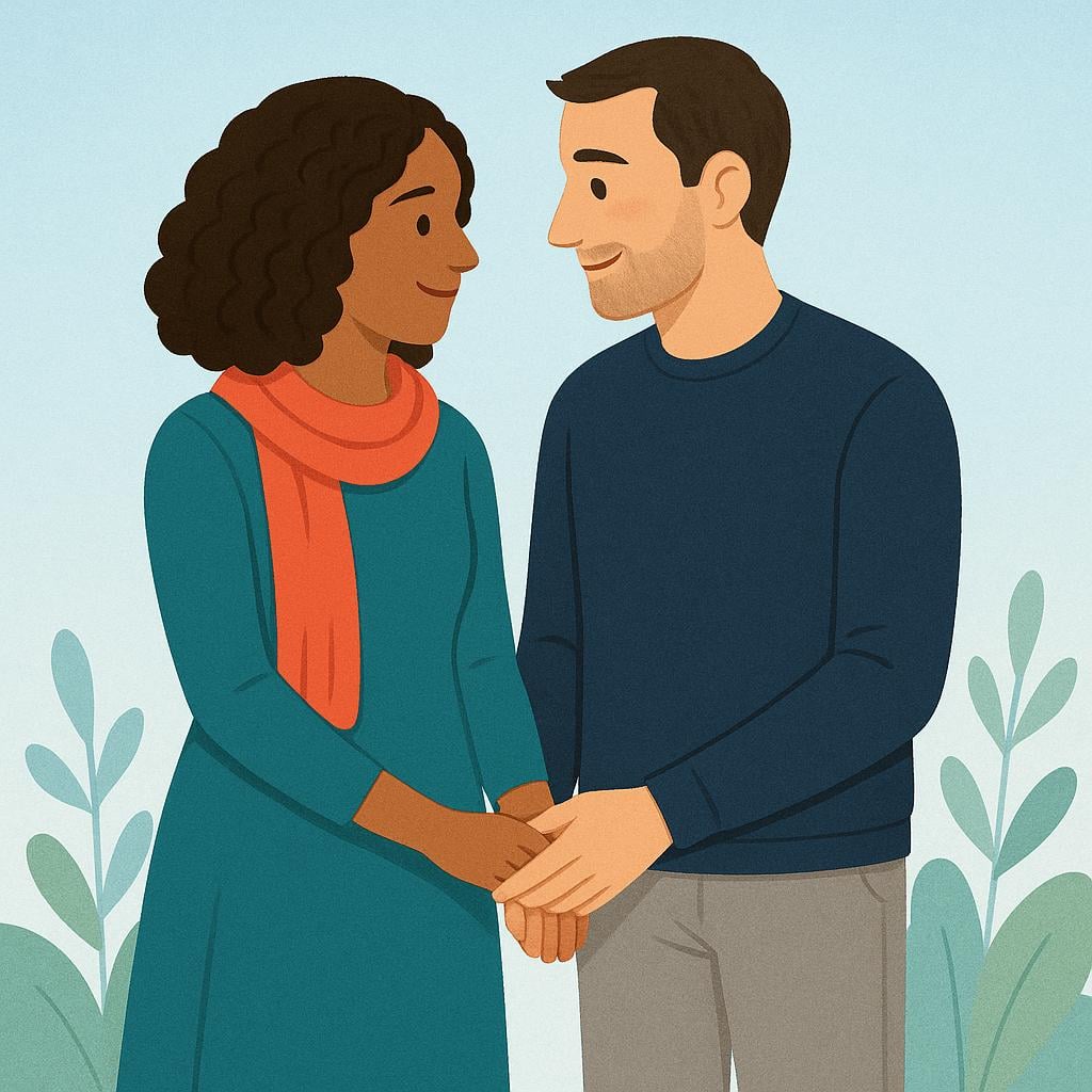 A couple consisting of a woman and a man standing close together, looking affectionately at each other and holding hands, symbolizing romantic partners.