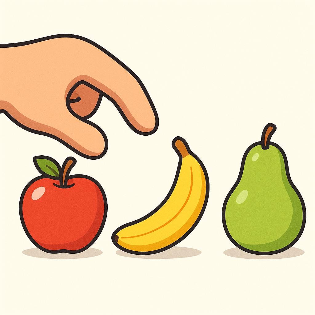A cartoon hand selecting a single red apple from a group of three different colored fruits.
