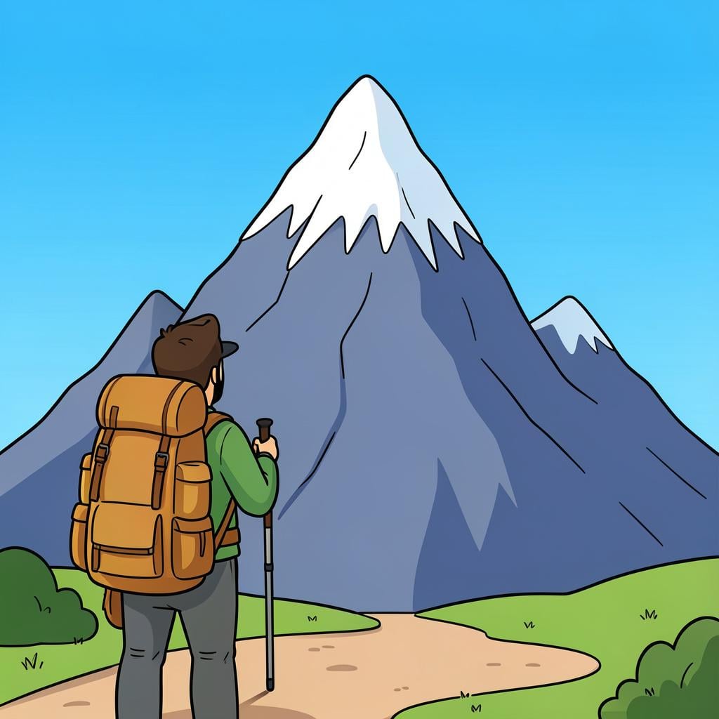 A hiker standing at the bottom of a trail, looking up at a distant mountain peak with determination.
