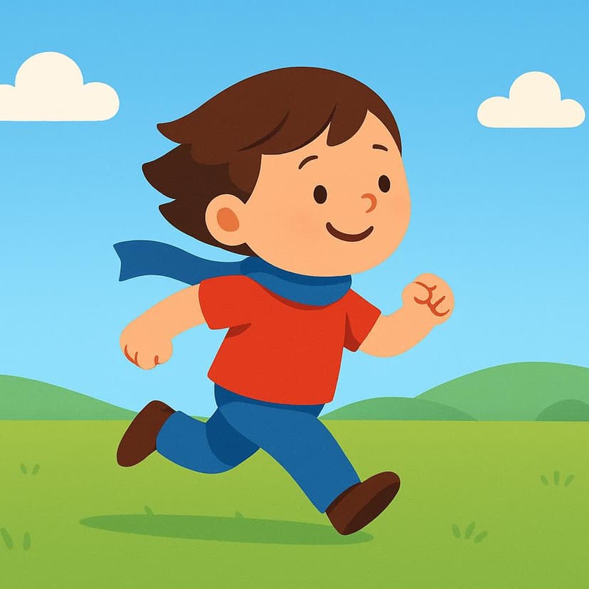 A small, cheerful figure is shown mid-stride, running across a bright green field from the left side of the frame toward the right.