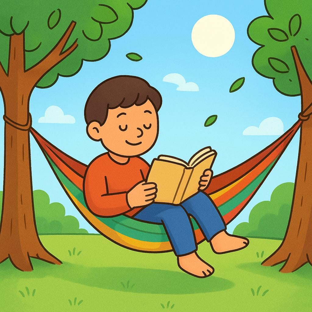 A smiling cartoon person sitting peacefully in a brightly colored hammock, reading a book under a sunny sky.