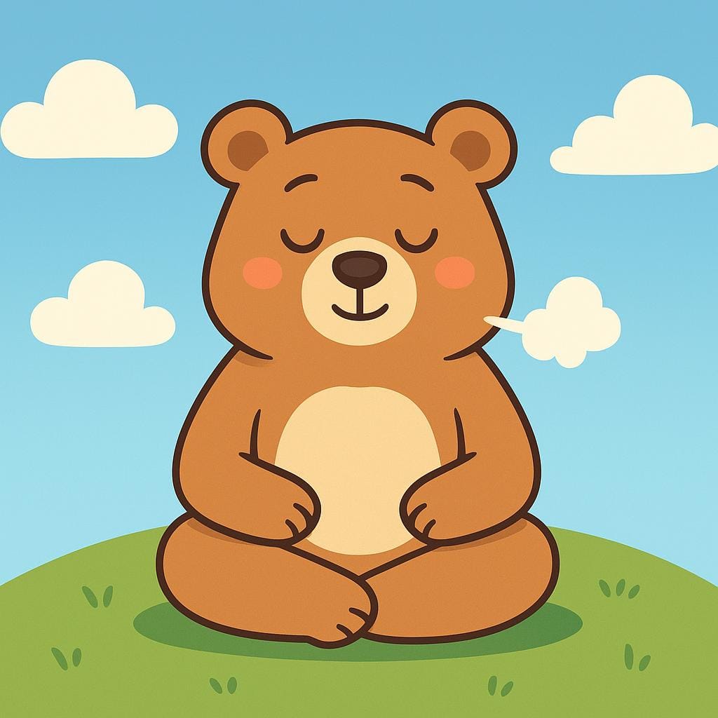 친근한 만화 곰이 활기찬 녹색 언덕에 평화롭게 앉아 눈을 부드럽게 감고 차분하고 고요한 상태를 보여줍니다.
