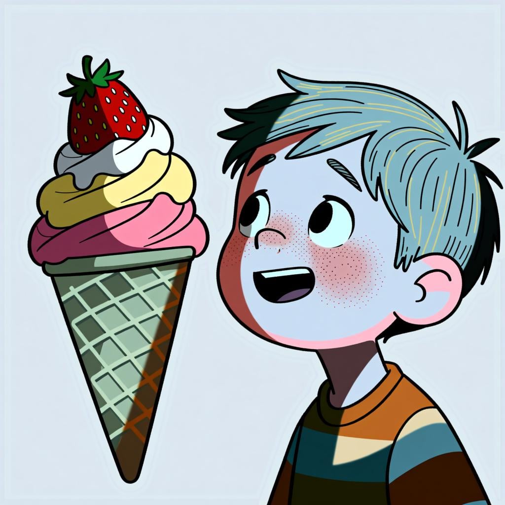 A young boy looking longingly at a large scoop of strawberry ice cream in a cone.