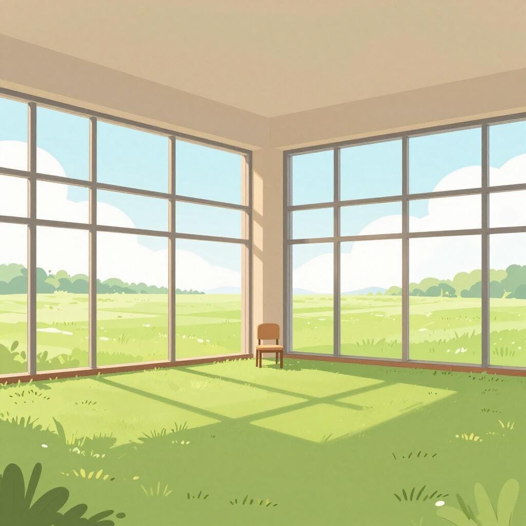 A bright, open living room with high ceilings and large windows showing a vast landscape.