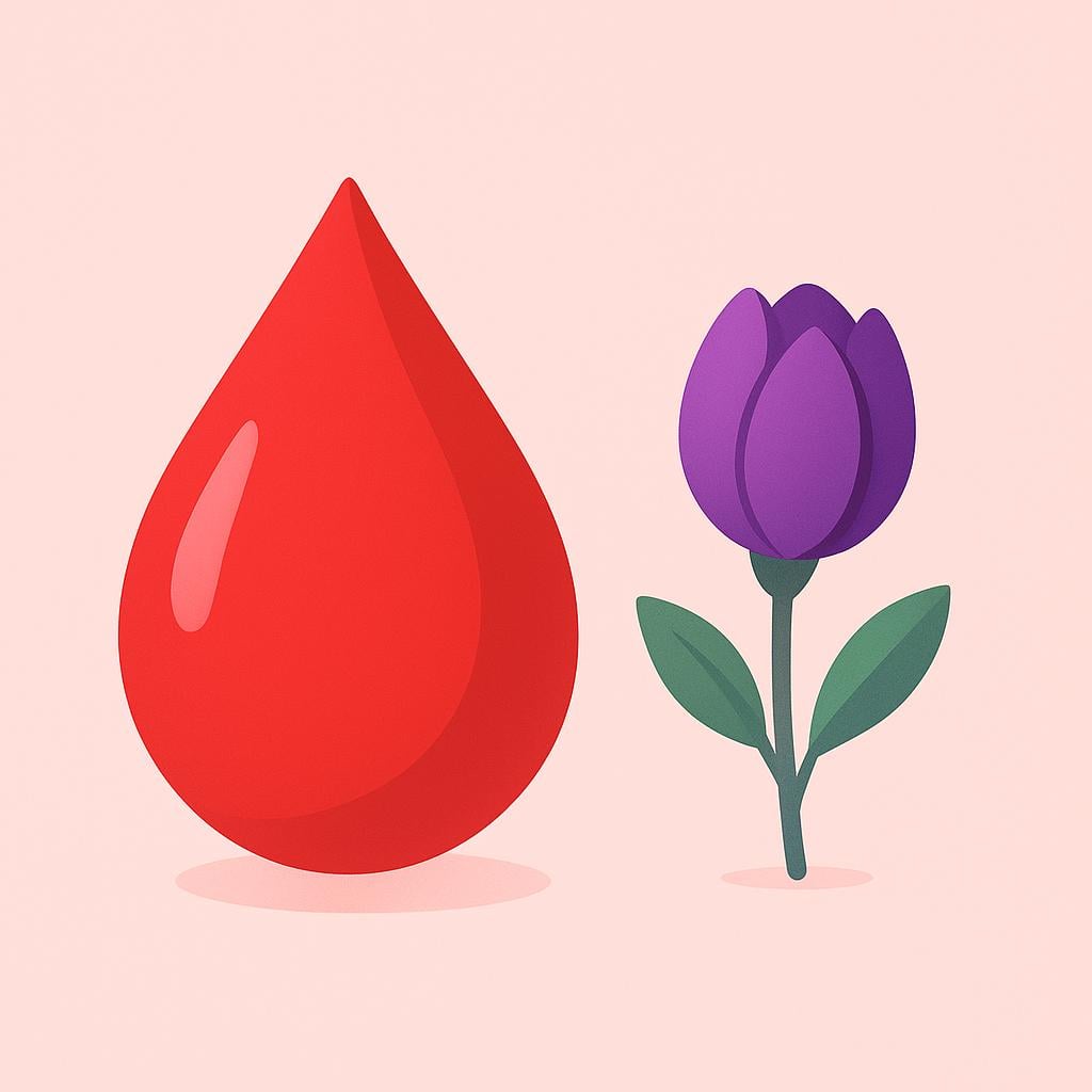 A stylized image of a single, large red drop positioned next to a closed purple flower bud, representing menstruation.
