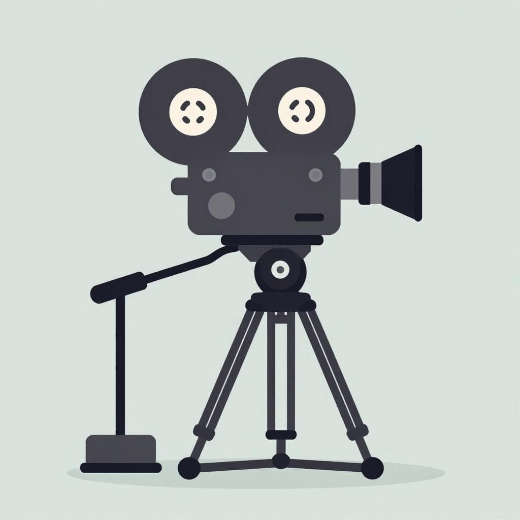 Um cineasta olhando através do visor de uma câmera de cinema profissional em um tripé.