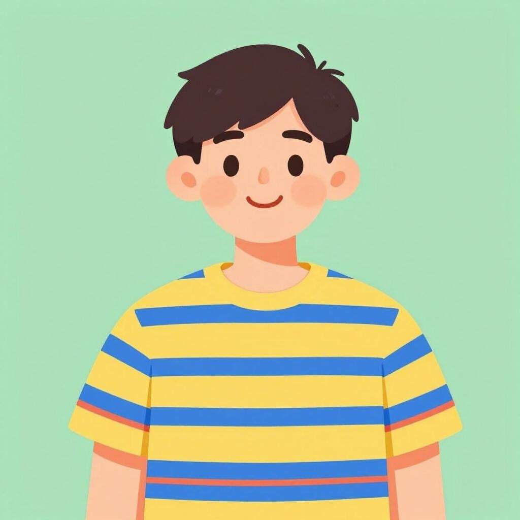 黄色、青、赤のストライプのシャツを着た笑顔の男性。