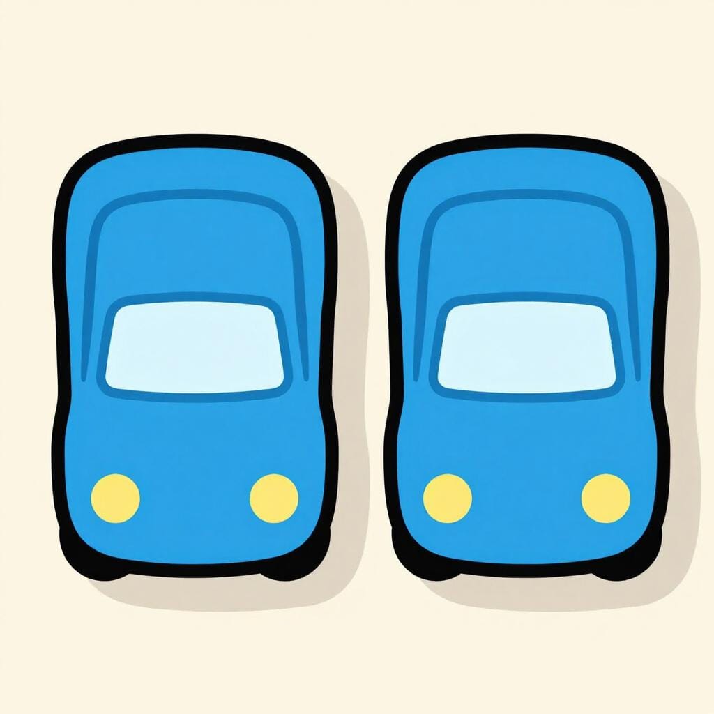 Two identical blue toy cars sitting side by side.