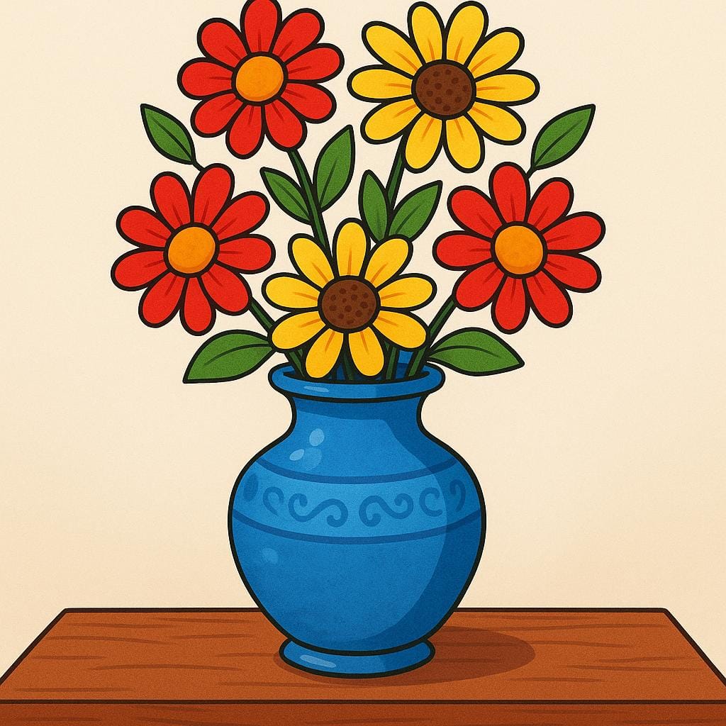 A decorative blue ceramic vase filled with red and yellow flowers sitting firmly on a polished wooden shelf.