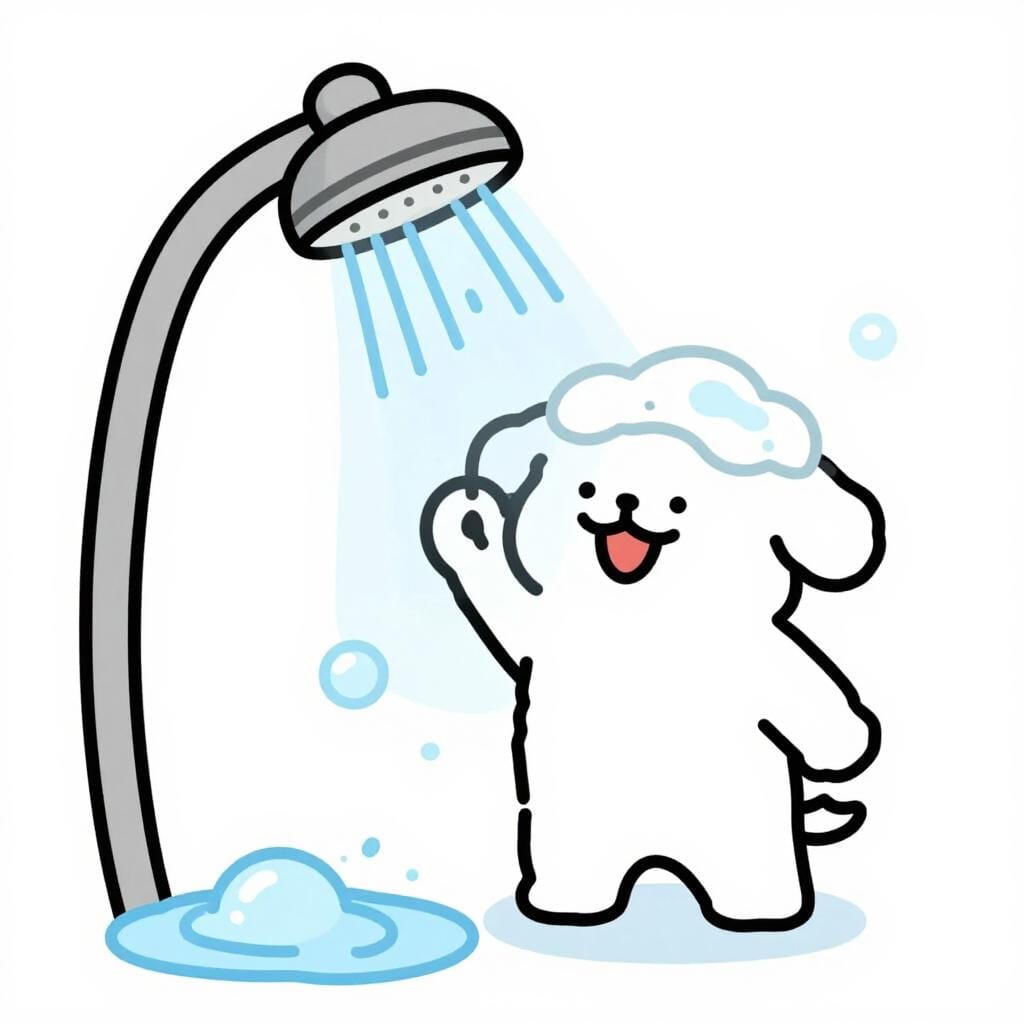 물이 내려오고 비눗방울이 보이는 사람이 샤워하는 단순하고 다채로운 그림.