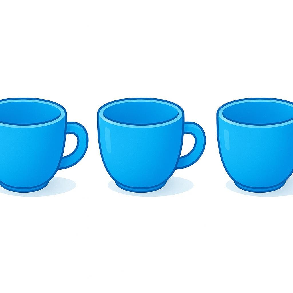Eine ordentliche, horizontale Reihe von drei identischen, perfekt geformten, leuchtend blauen Tassen, die Gleichförmigkeit und Typikalität veranschaulichen.