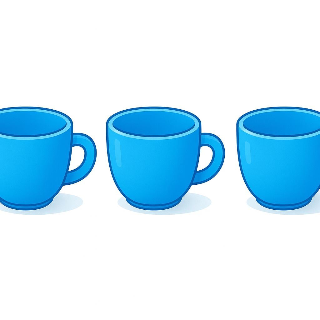A neat, horizontal row of three identical, perfectly shaped, bright blue cups, illustrating uniformity and typicality.