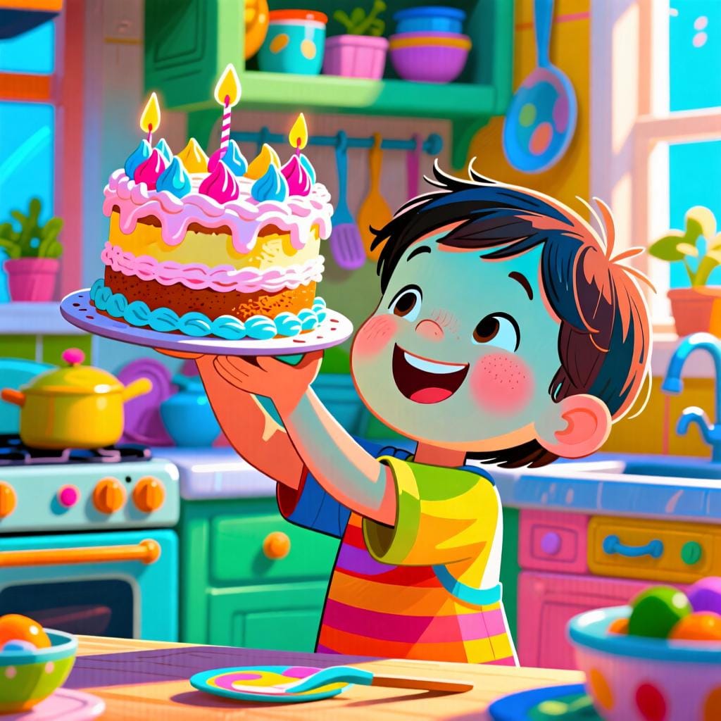 A happy child proudly holding up a freshly baked and decorated cake.