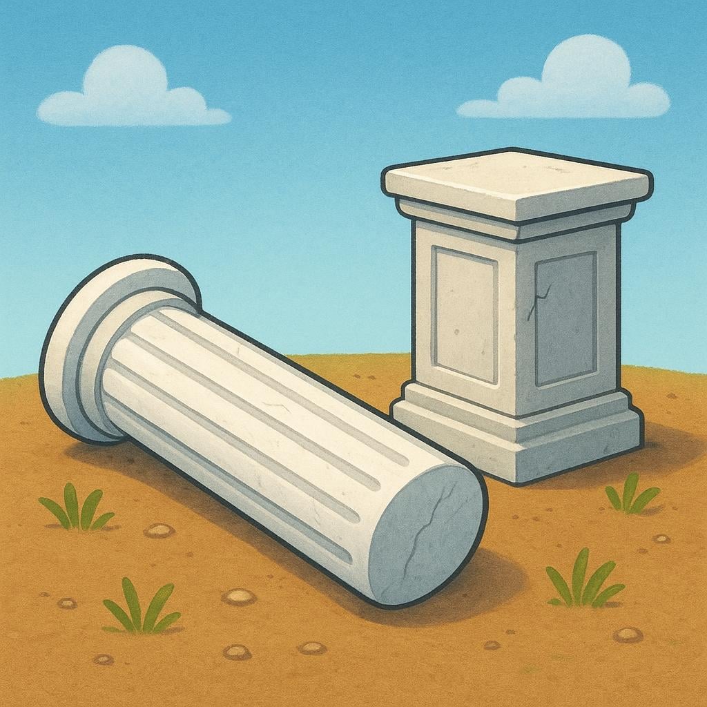 A thick, broken stone column lying horizontally on the ground next to its intact base.