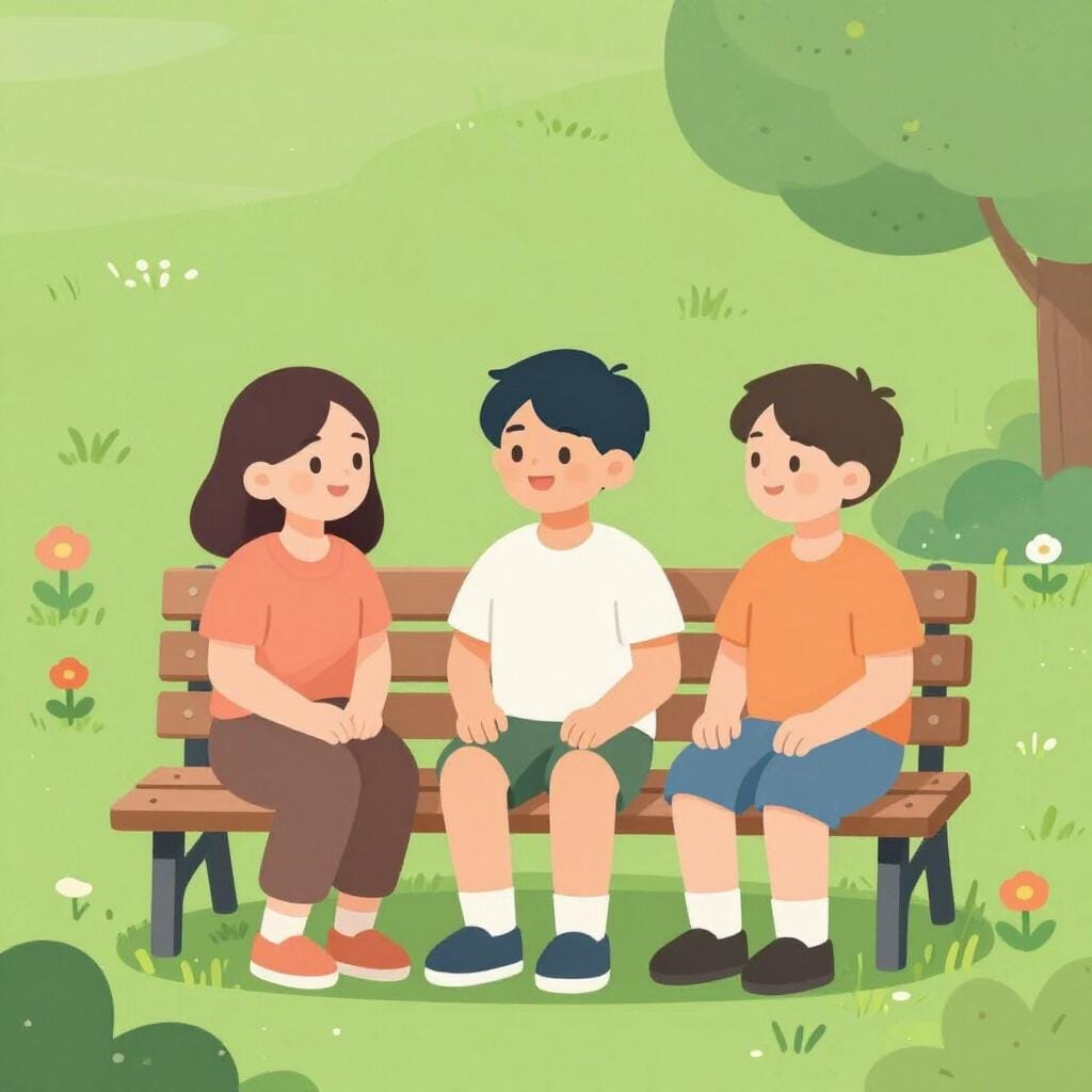 친근하게 대화하고 웃으며 벤치에 함께 앉아 있는 다양한 사람들의 모습.