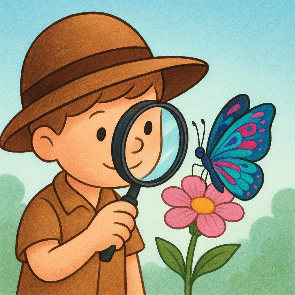 Uma ilustração de livro de histórias mostrando uma pessoa vestindo um chapéu de explorador usando uma lupa grande para examinar de perto os detalhes de uma borboleta colorida pousada em uma flor rosa.