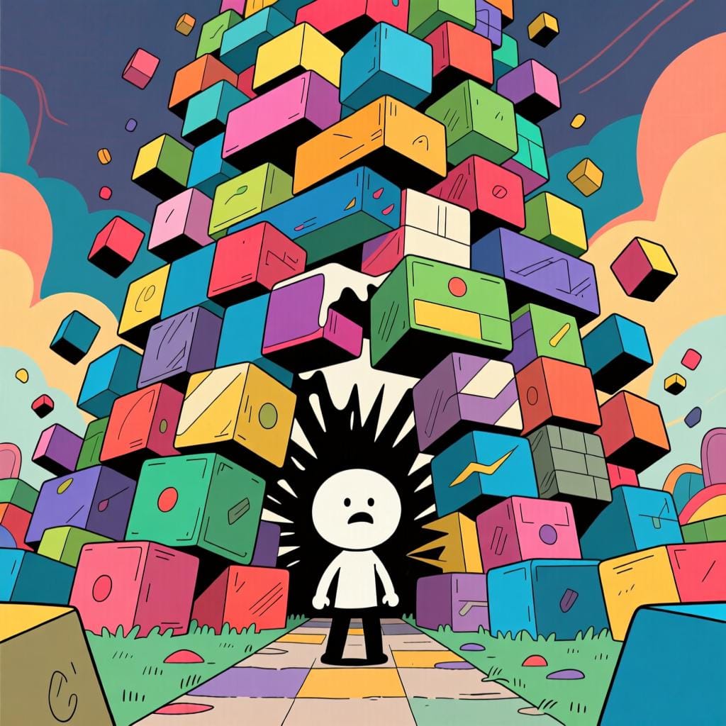 A small person standing on a path facing a giant, colorful stack of heavy, mismatched blocks and walls that completely block the way forward, symbolizing difficulties.