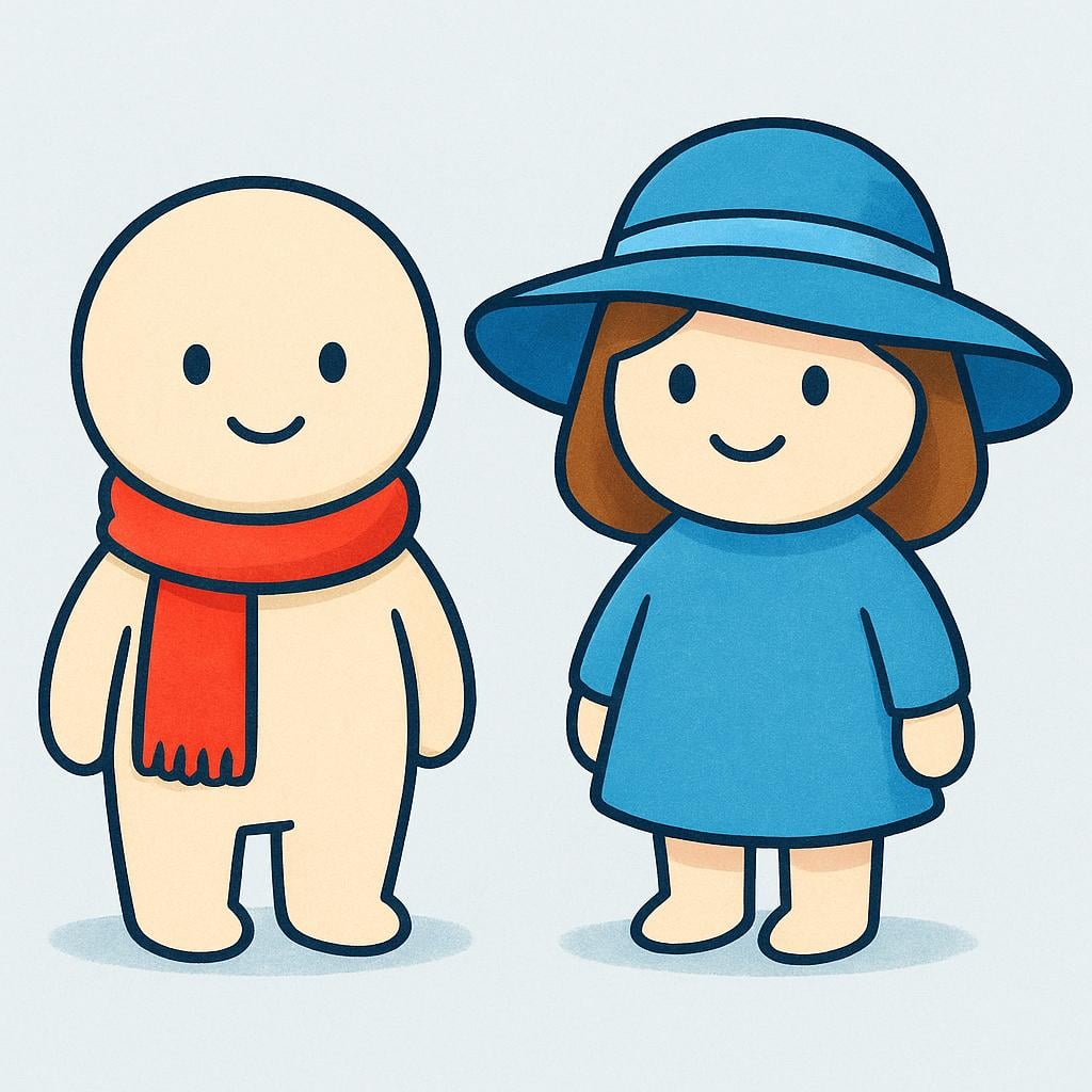 Two stylized figures standing together. One figure is wearing a bright red scarf and the other is wearing a large blue sun hat, illustrating the act of wearing accessories.