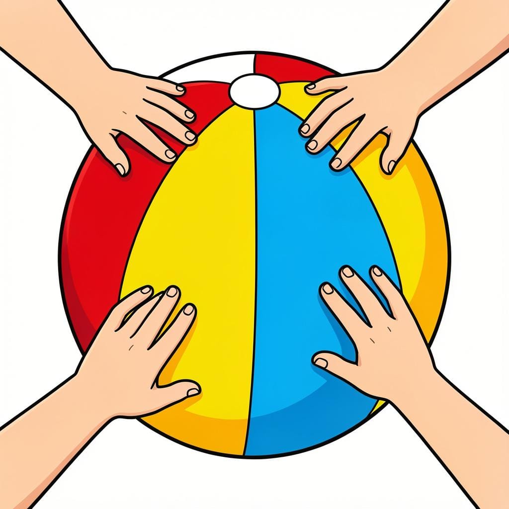 Several hands reaching out to touch a large, smooth, colorful beach ball.