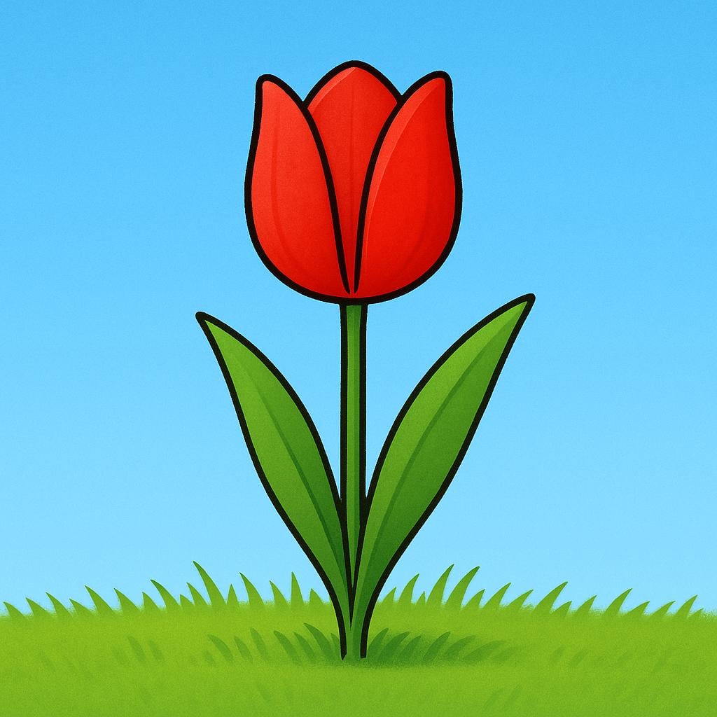 A single, brightly colored, fully formed flower standing firmly in a patch of green grass under a clear blue sky, symbolizing reality.