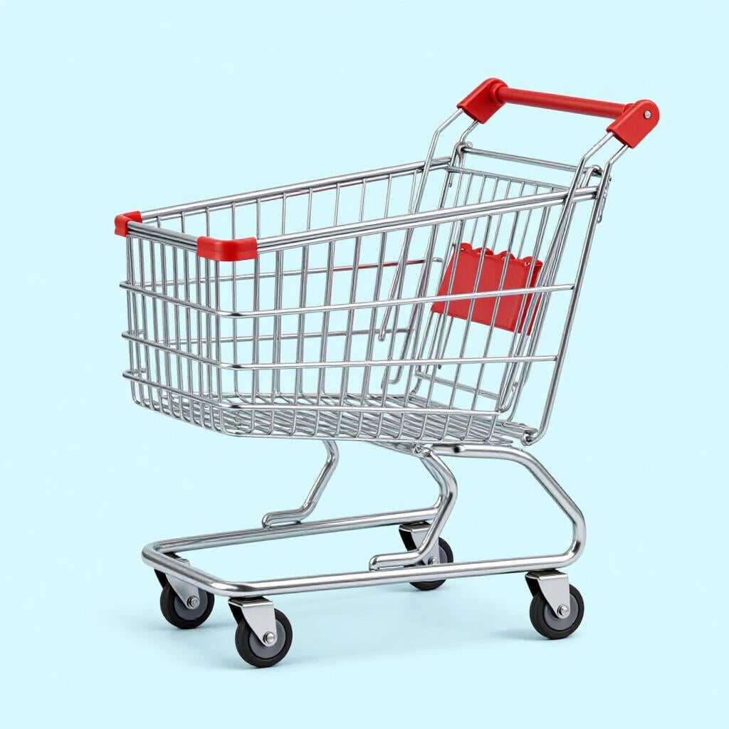 A metal shopping cart standing alone on a tile floor.