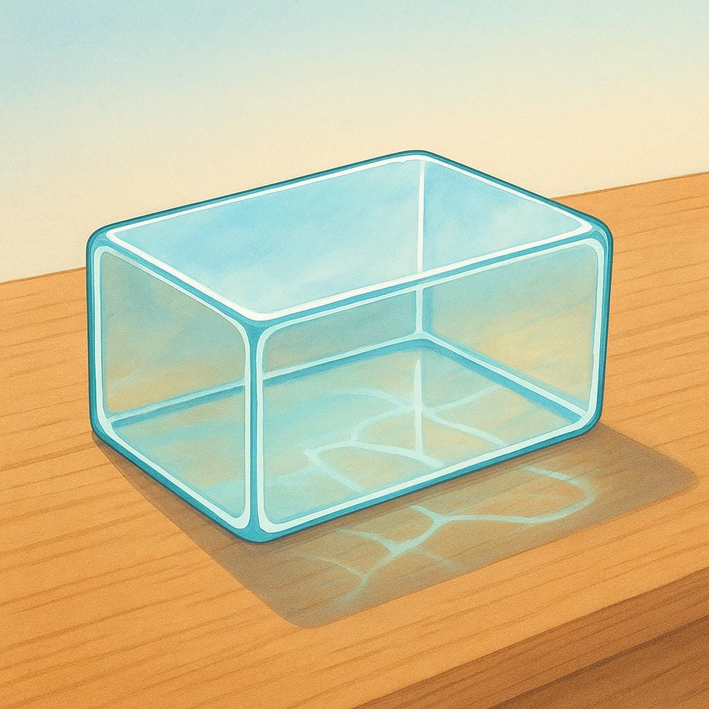 A simple, transparent rectangular block of smooth glass material resting on a soft surface.