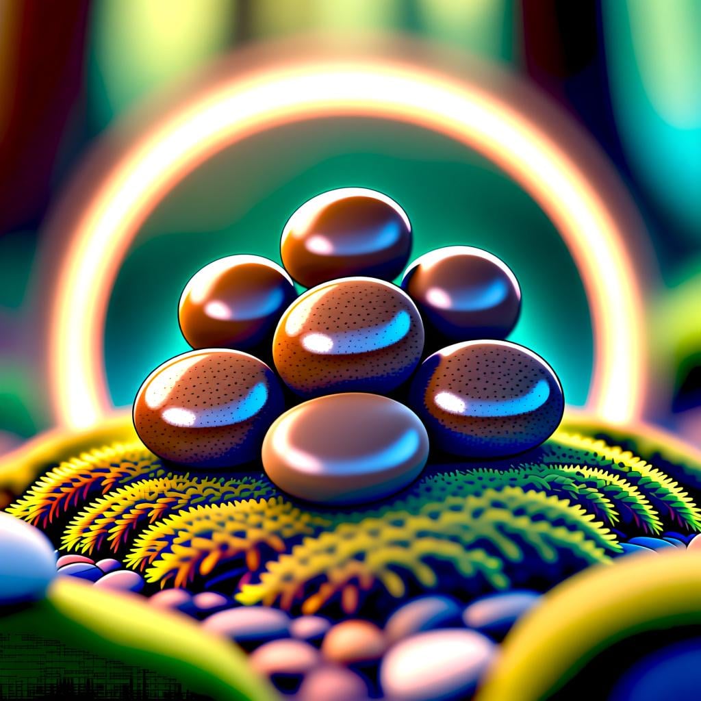 A cluster of smooth, round, brown pebbles on moss, surrounded by a soft, glowing circular aura.
