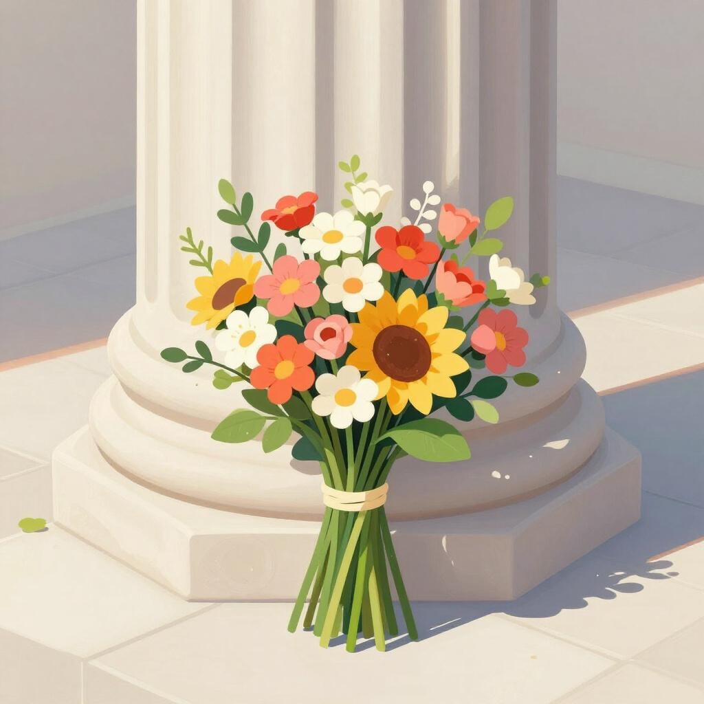 A bouquet of colorful flowers laid at the base of a stone statue in a park.