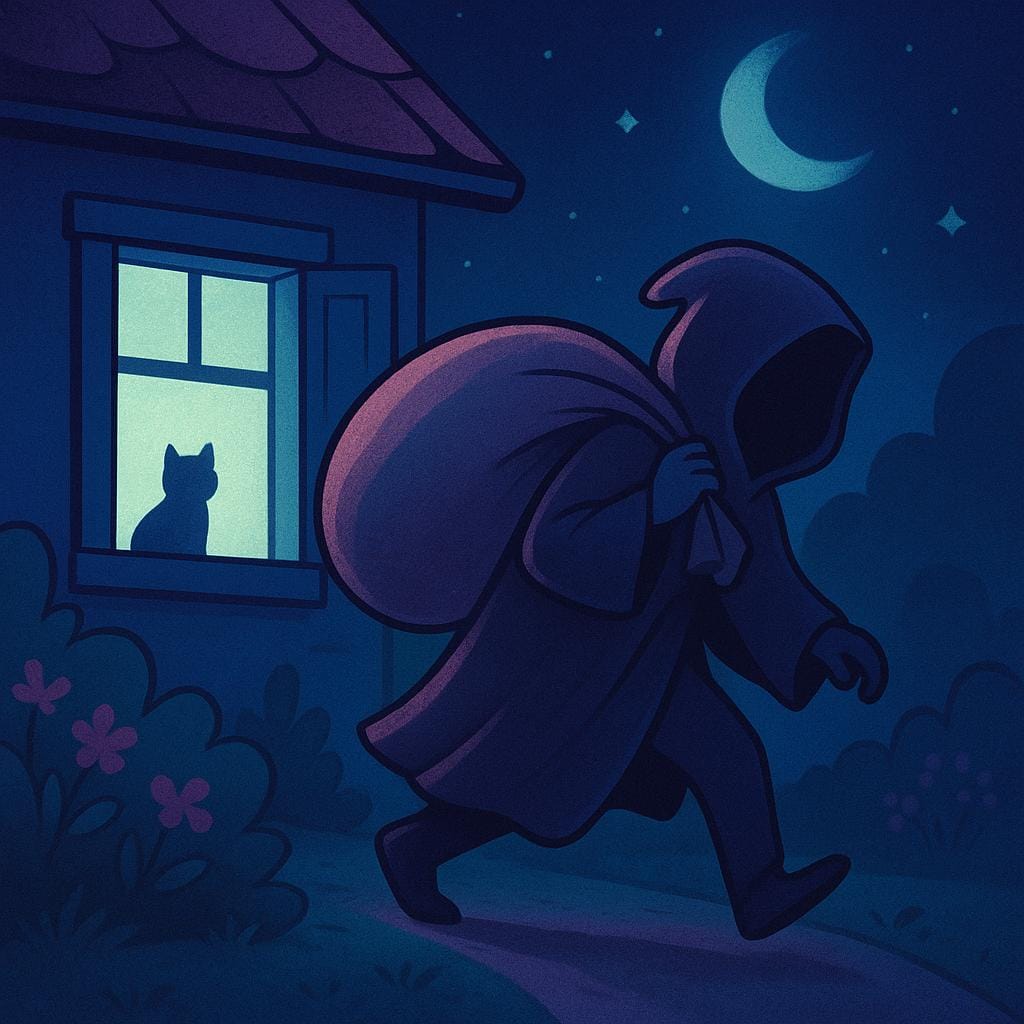 A figure in a dark cloak sneaking away from a building under the cover of night, carrying a large, bulging sack over their shoulder.