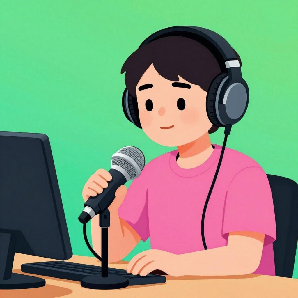 A person wearing large headphones speaking into a professional microphone on a stand.