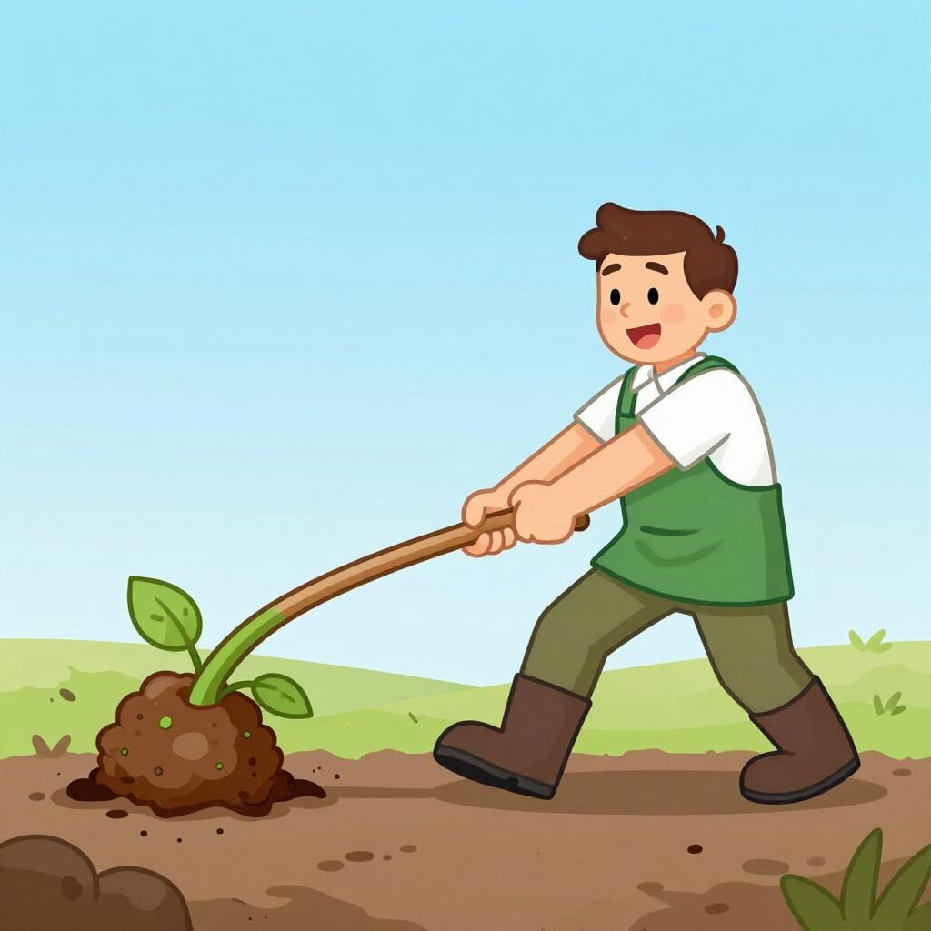 Een cartoon tuinier met handschoenen aan en lachend, die dramatisch een groot, gestileerd onkruid volledig uit de grond trekt, wat de beëindiging van leven illustreert.