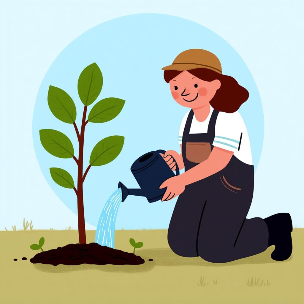 A gardener kneeling next to a small, thriving tree they have been nurturing, symbolizing the duration of an ongoing activity.