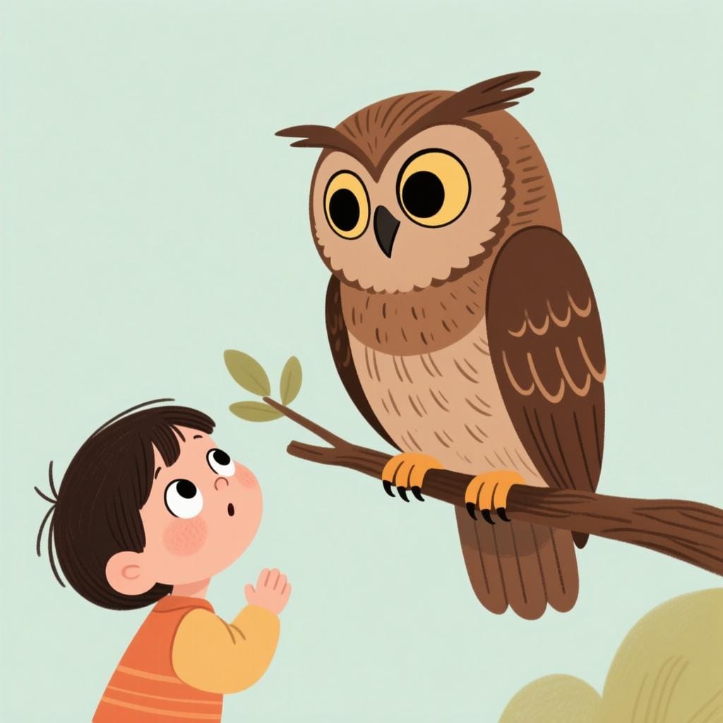 A small, curious child with a thoughtful expression looking up at a large, wise owl, symbolizing the act of forming or having a question.