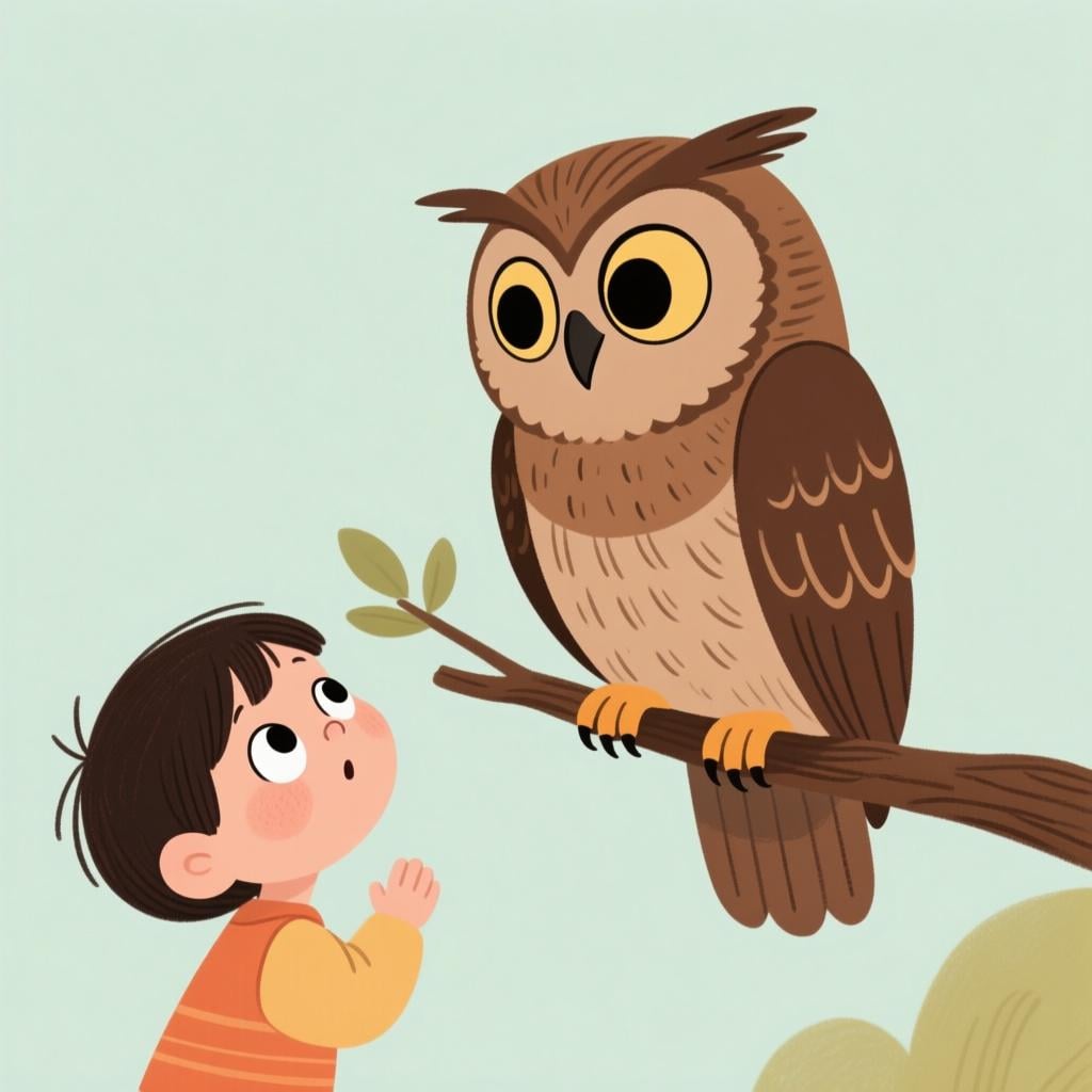 A small, curious child with a thoughtful expression looking up at a large, wise owl, symbolizing the act of forming or having a question.