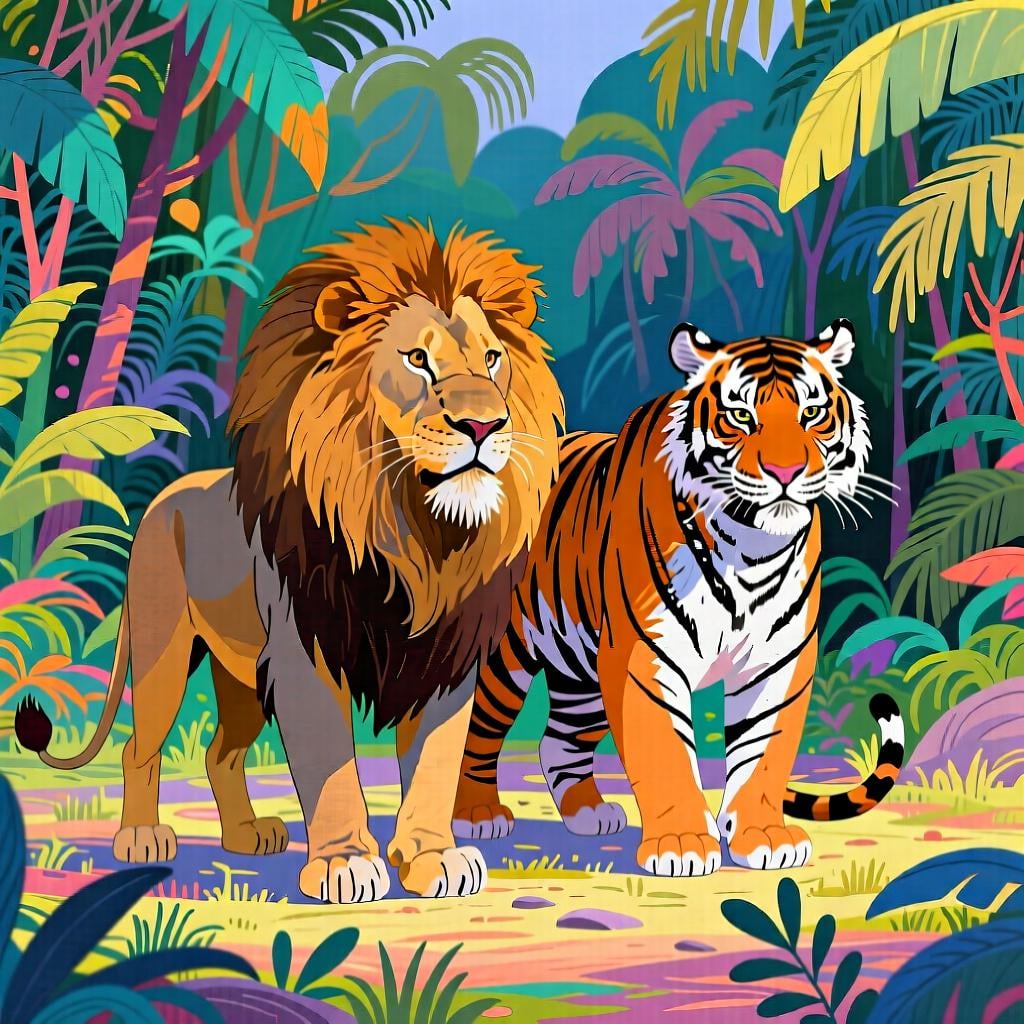 A majestic lion standing side-by-side with a majestic tiger in a jungle clearing, representing a shared scientific classification.