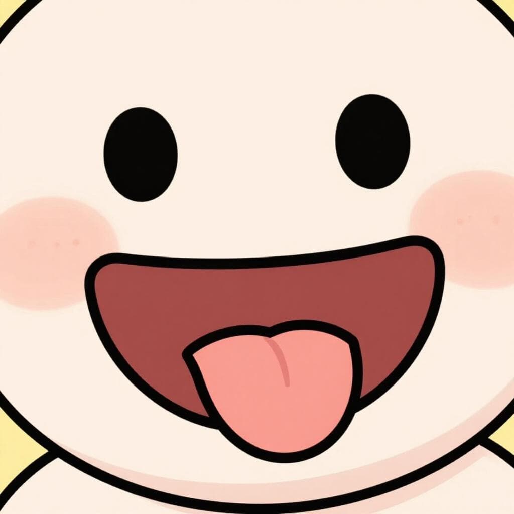 Un gros plan d'un visage de dessin animé amical et souriant tirant la langue rose, montrant l'organe musculaire à l'intérieur de la bouche.