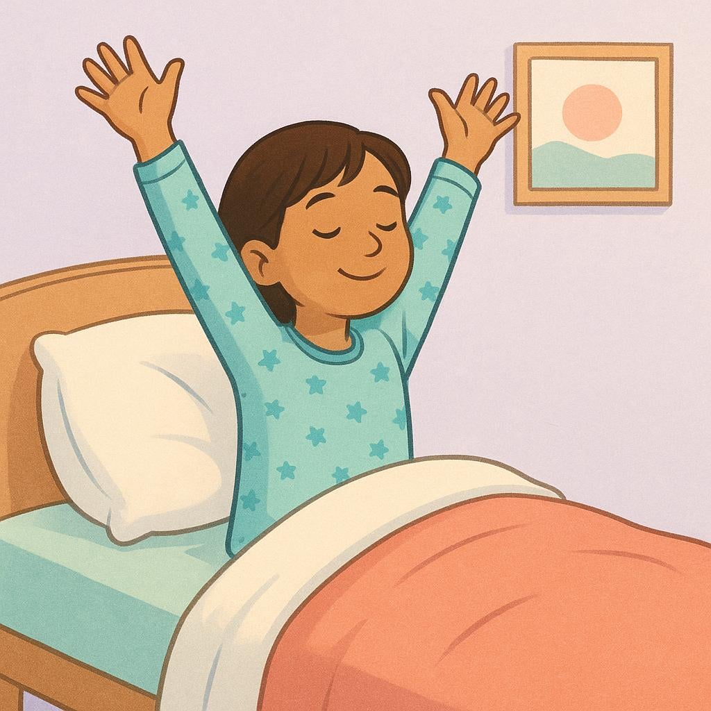A storybook illustration of a young person sitting upright in a cozy bed, stretching their arms high above their head, indicating they are waking up.