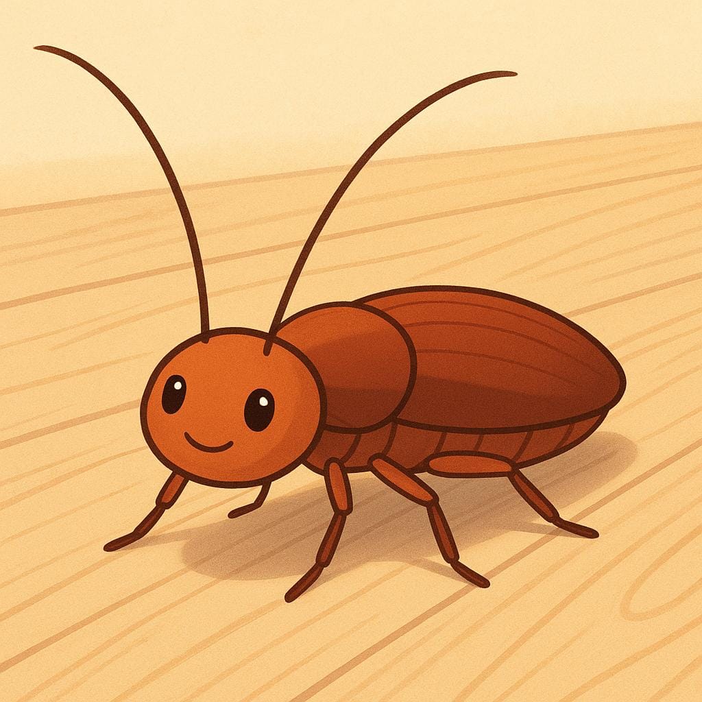 A single brown cockroach with prominent antennae crawling across a clean, light-colored floor.