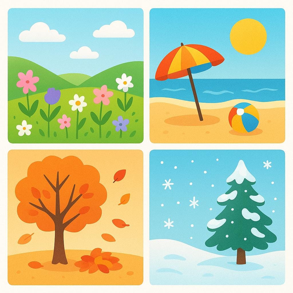 A simple colorful illustration divided into four sections, visually representing the four seasons: spring with flowers, summer with sunshine, autumn with falling leaves, and winter with snow.