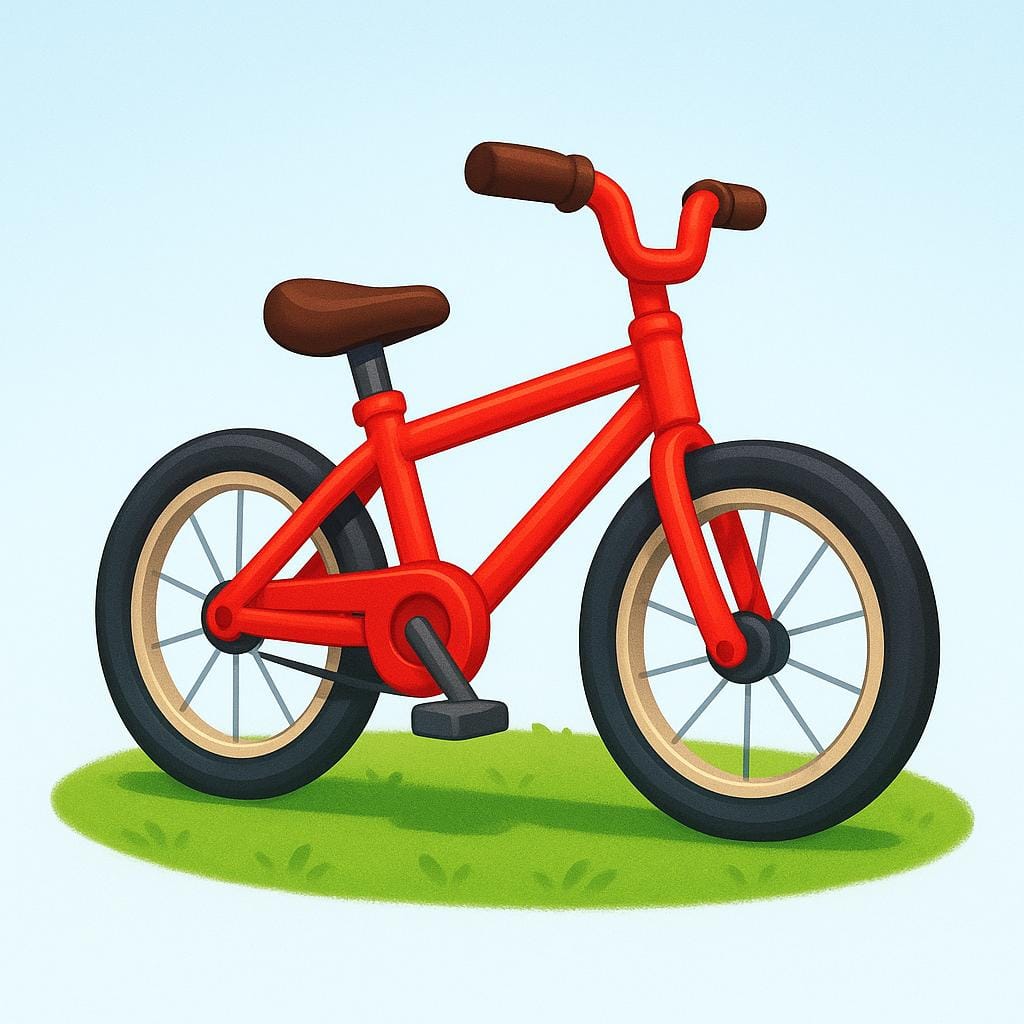 A simple, colorful storybook illustration of a bright red bicycle with two wheels and handlebars, parked on a patch of green grass.