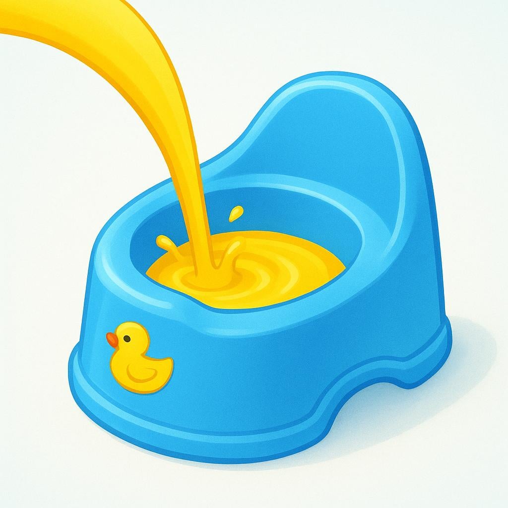 A bright yellow stream of liquid flowing into a small, blue plastic child's potty.