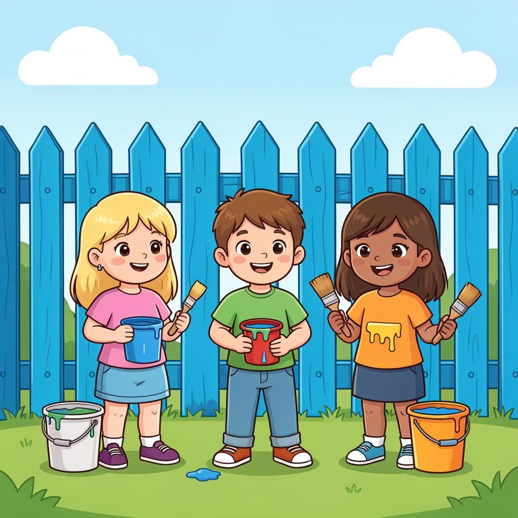 A group of friends standing in front of a bright blue wooden fence they have just finished painting.