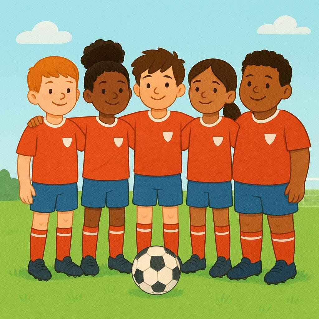 Een groep voetballers in bijpassende blauw-witte uniformen die samen op een groen veld staan.