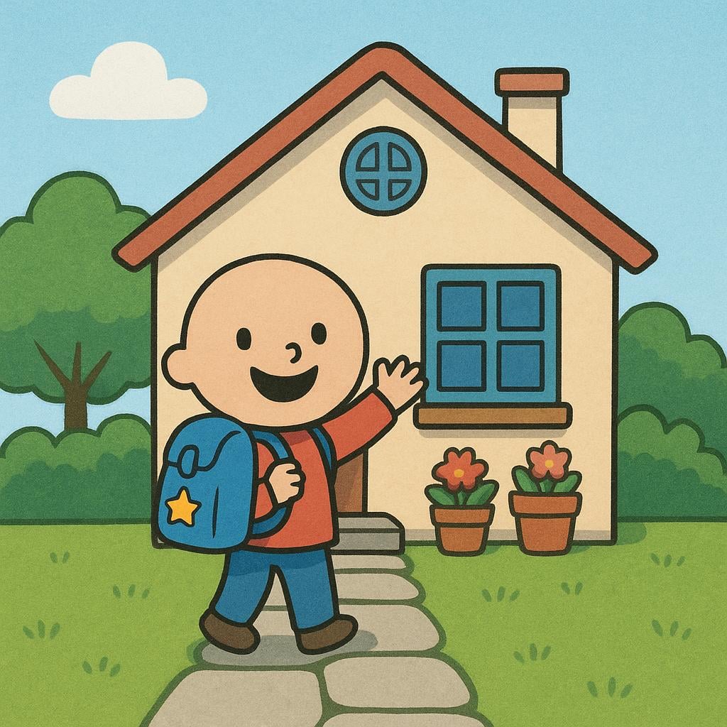 A happy figure wearing a backpack stands on a path directly in front of a small, welcoming house, indicating arrival at the destination.