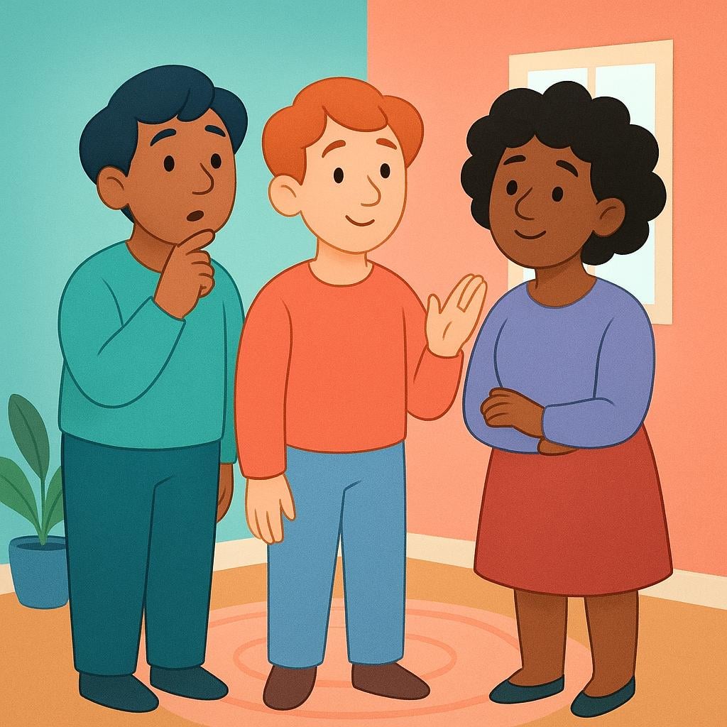 Three stylized figures standing in a colorful room, looking expectantly forward with curious, questioning expressions, illustrating the action of asking.