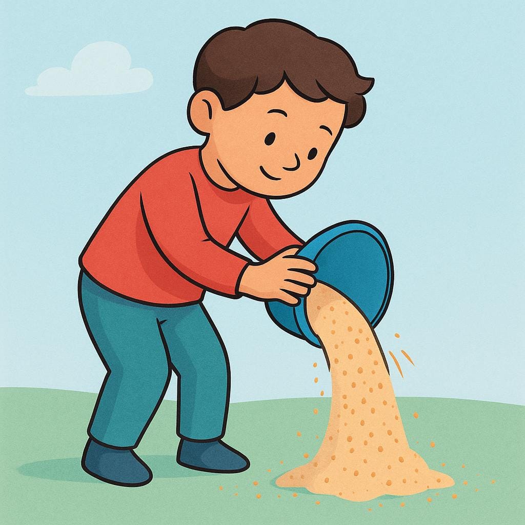 Una persona che rovescia un piccolo secchio blu, versando sabbia sul terreno, illustrando l'azione di svuotare.