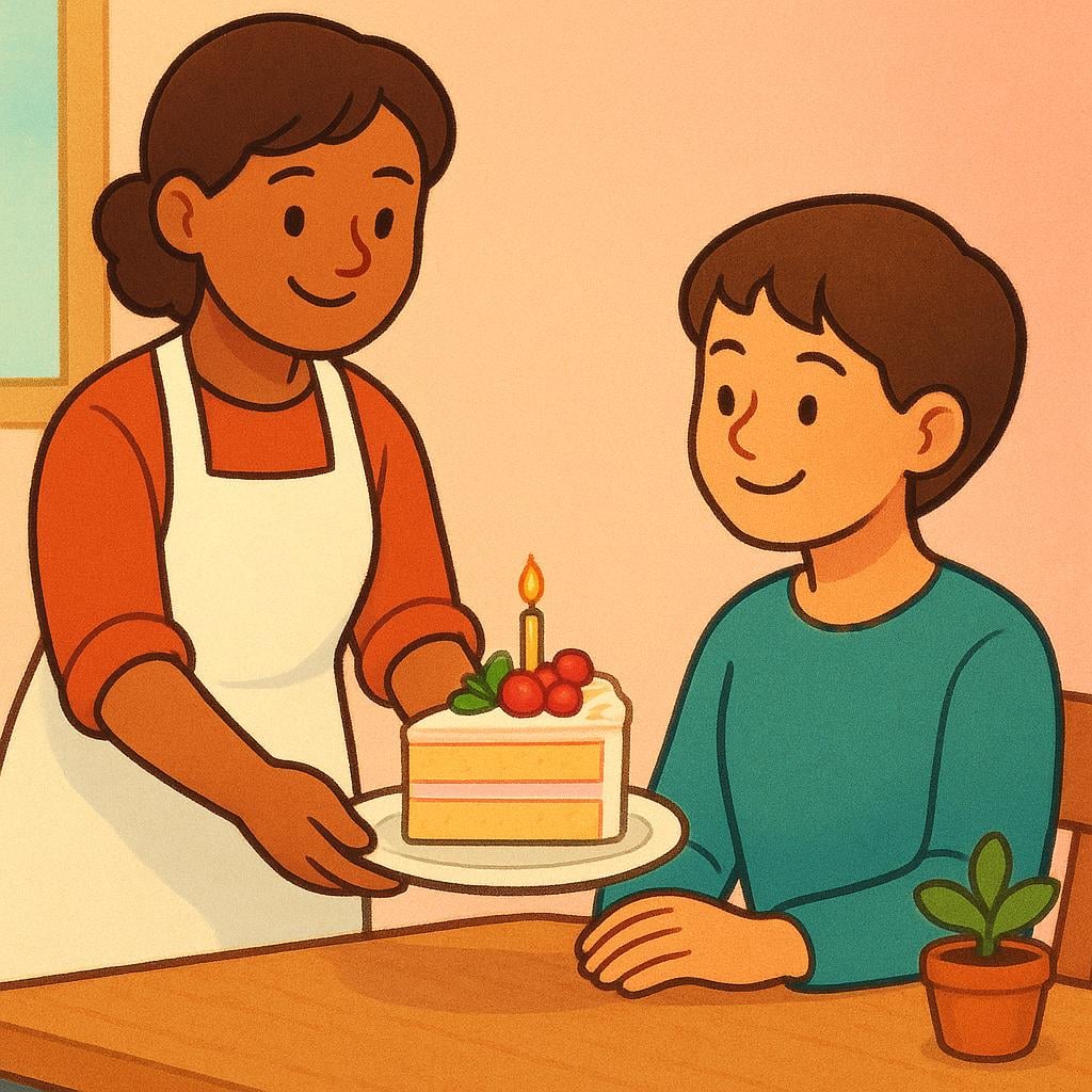 An illustration showing a server wearing a crisp apron setting a plate of delicious cake down in front of a seated patron, illustrating the command to 'enjoy.'