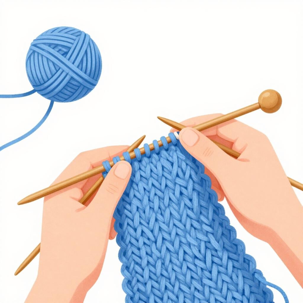 A close-up illustration of two wooden needles knitting soft blue yarn into a small scarf.